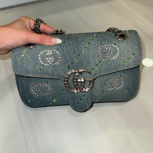 Gucci Denim Crystal Applique Small GG Marmont Shoulder Bag Blue - Picture 3 of 7